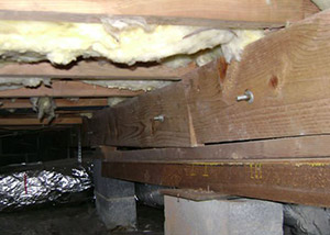 sagging crawl space with wooden shimming a Ontario crawl space